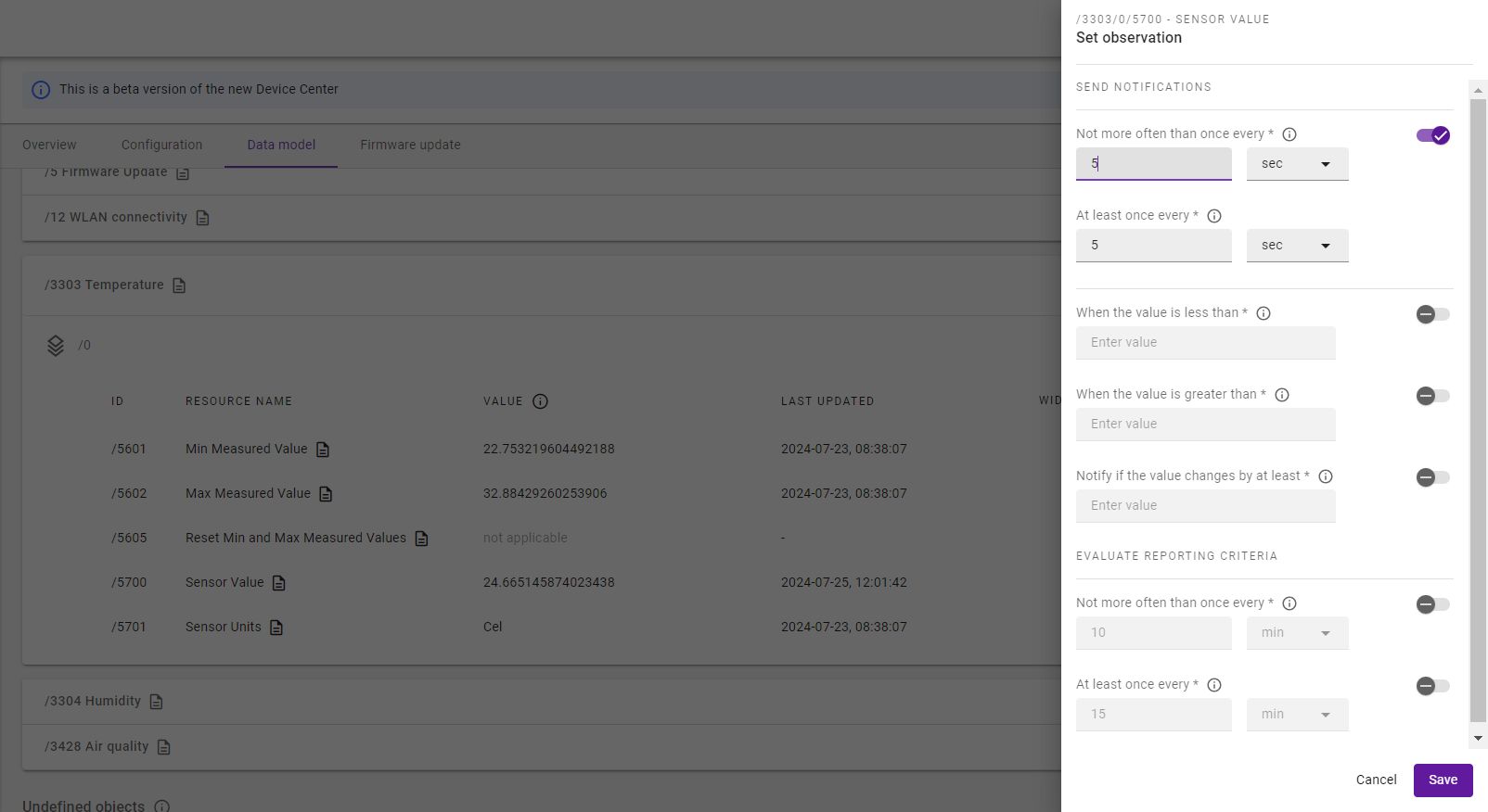 notificaciones de datos iot