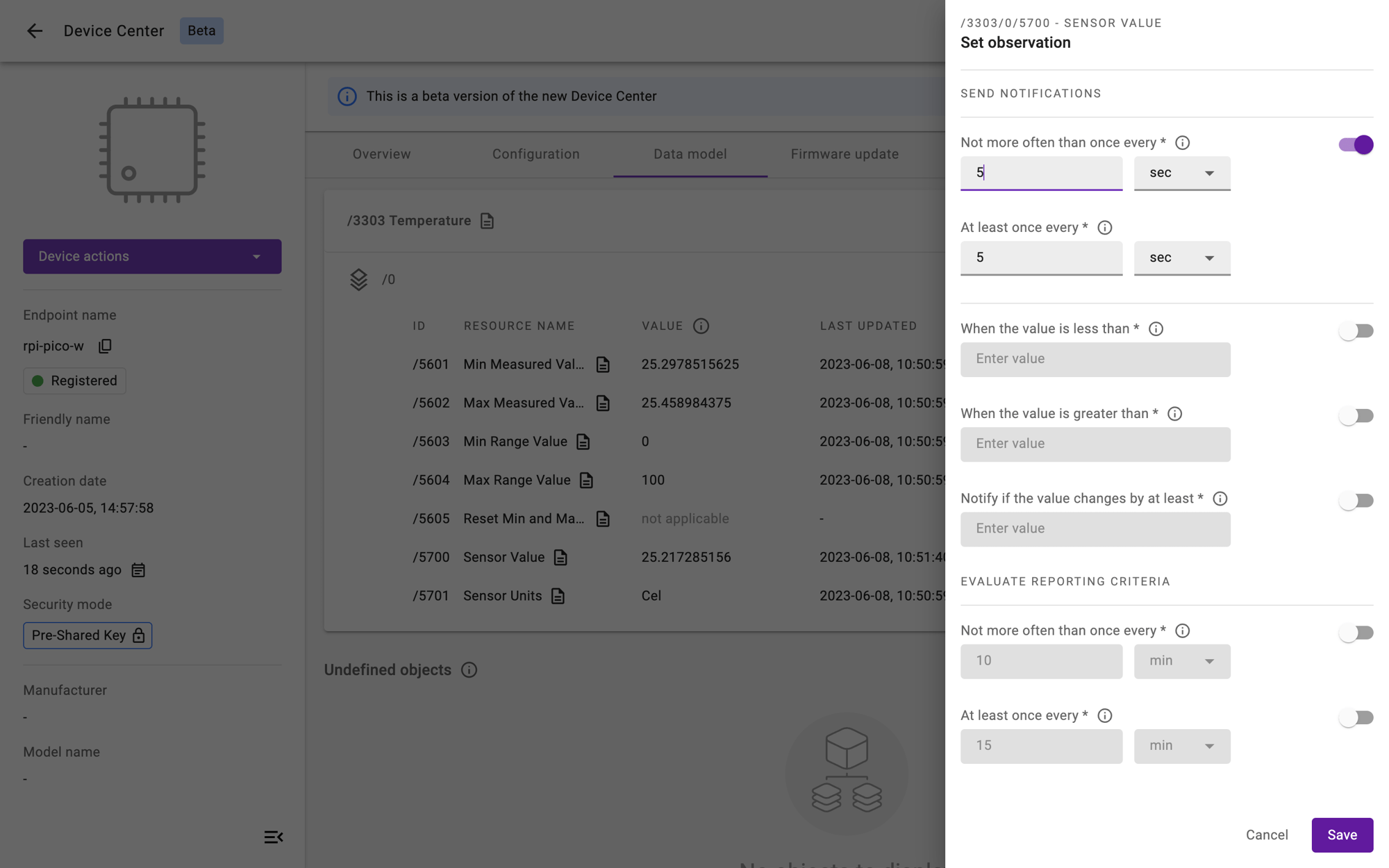 Screen showing values input for observation